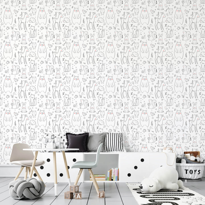 Zidna Tapeta Za Dječju Sobu - Pattern - Grey Animals Zidna Tapeta Za Dječju Sobu - Pattern