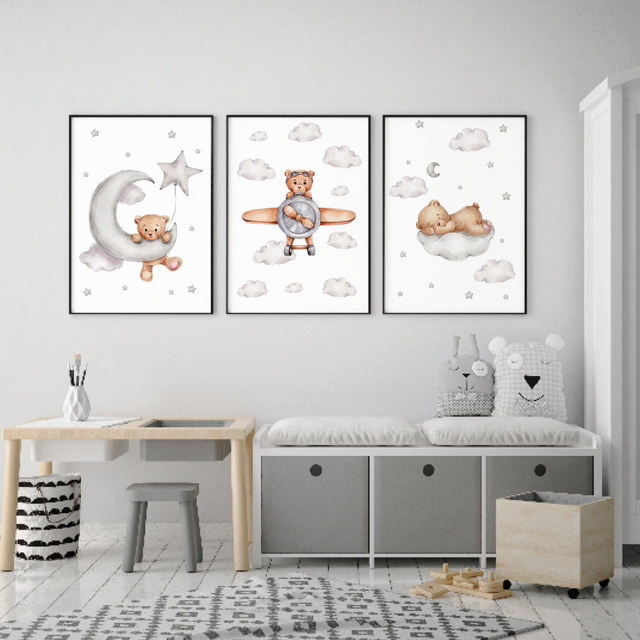 Teddy Flight - komplet ilustracija za dječju sobu, 3 kom.